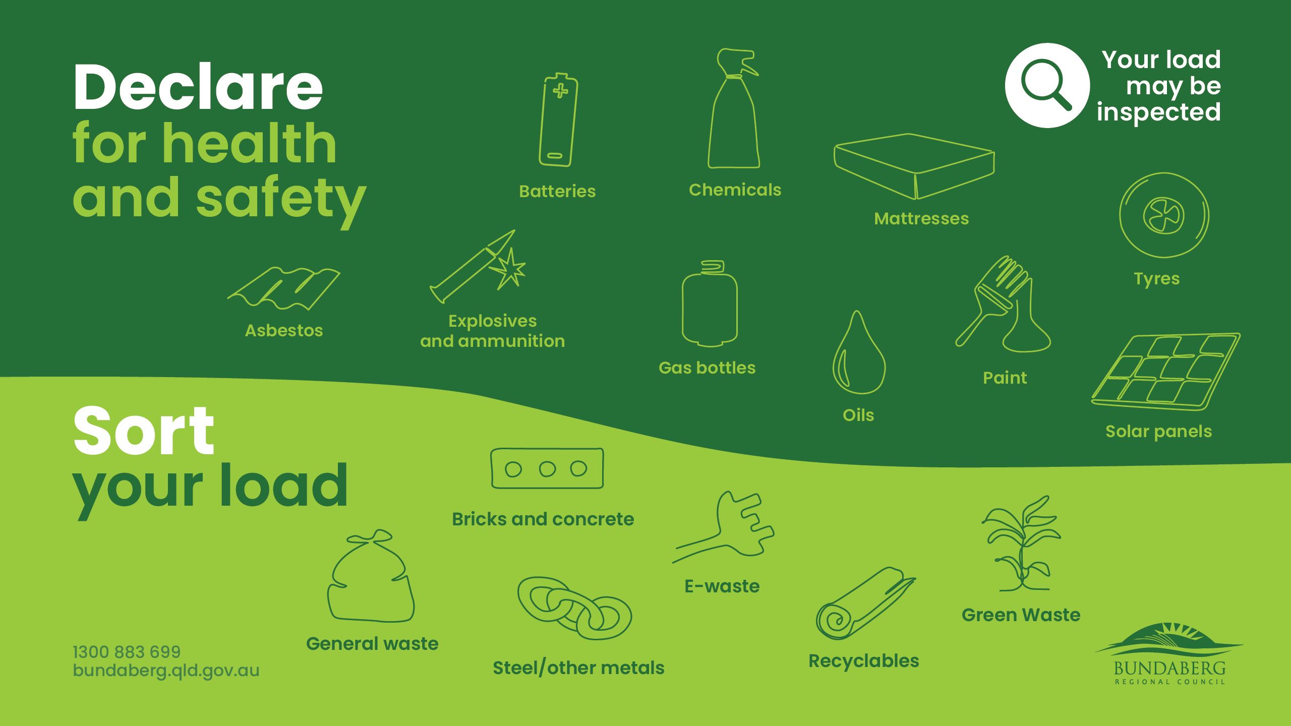 Declare items and sort your load images. Notifying visitors your load may be inspected. Declare items like batteries, asbestos, batteries, tyres, oils, gas bottles and ammunition. Sort your load into general waste, steel and other metals, green waste, bricks and concrete, eWaste and recyclables. 