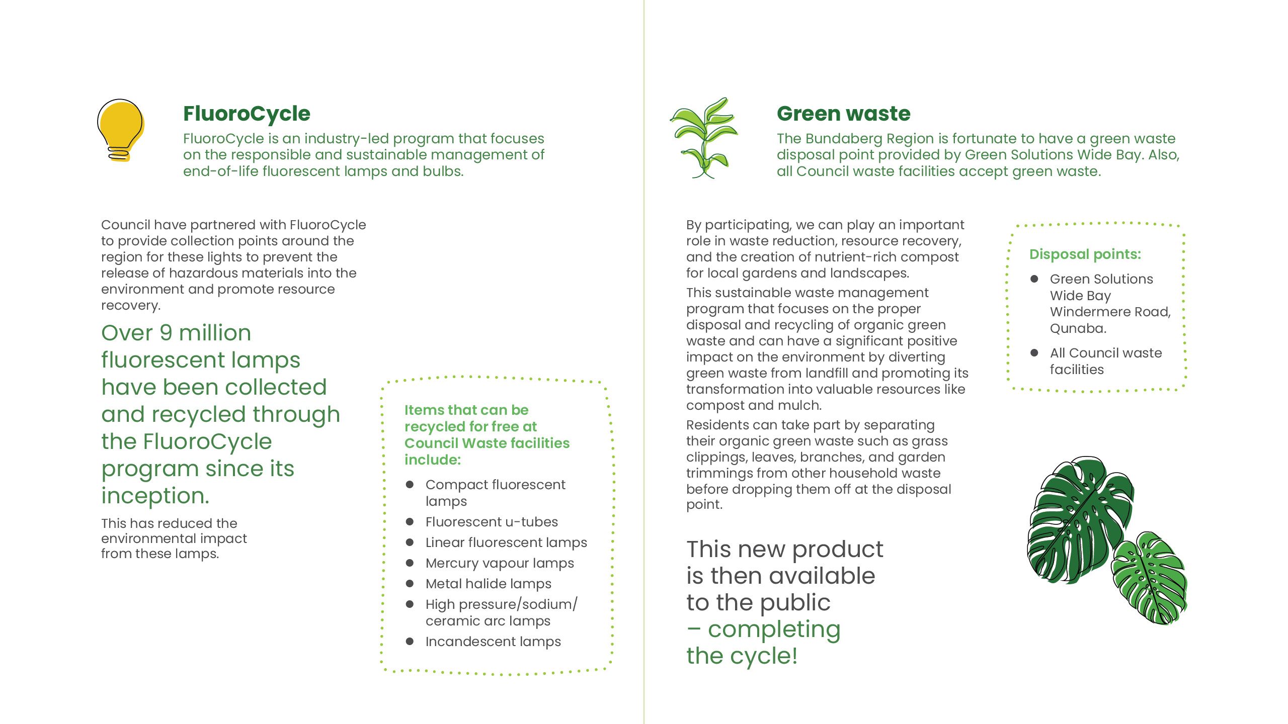 Information about FluroCycle and what types of bulbs can be recycled free at Council facilities including U-tubes and incandescent lamps. Green waste disposal points listed to include all Council facilities in addition to Green Solutions Wide Bay.